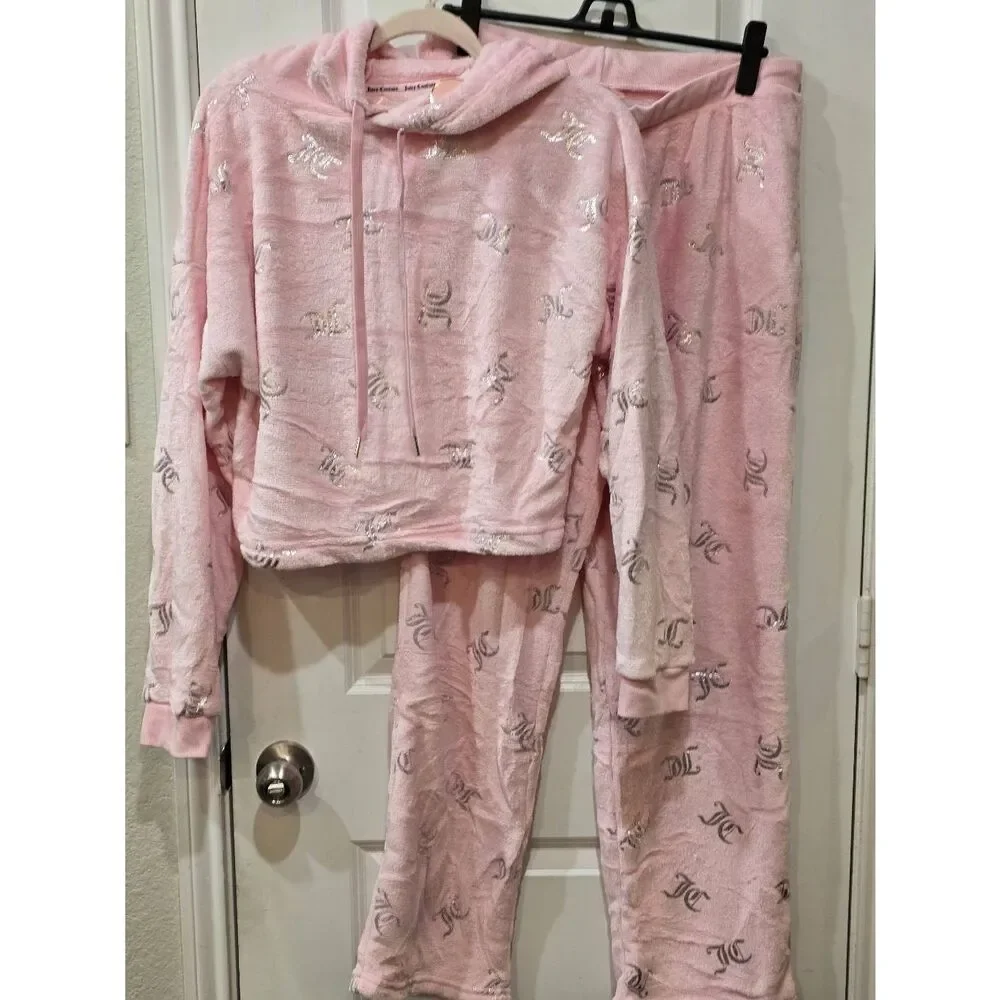 Juicy Couture 2-PC Silver Foil Logo Velour Hoodie &‎ Pant PJ Set